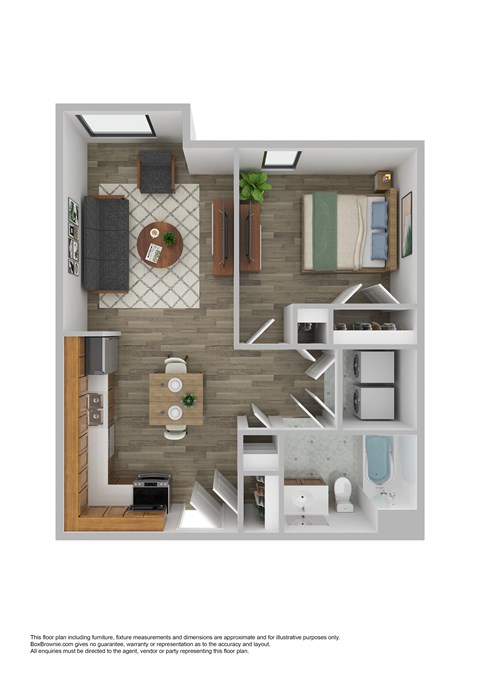 A floor plan of a small apartment with a kitchen, living room, and bathroom.